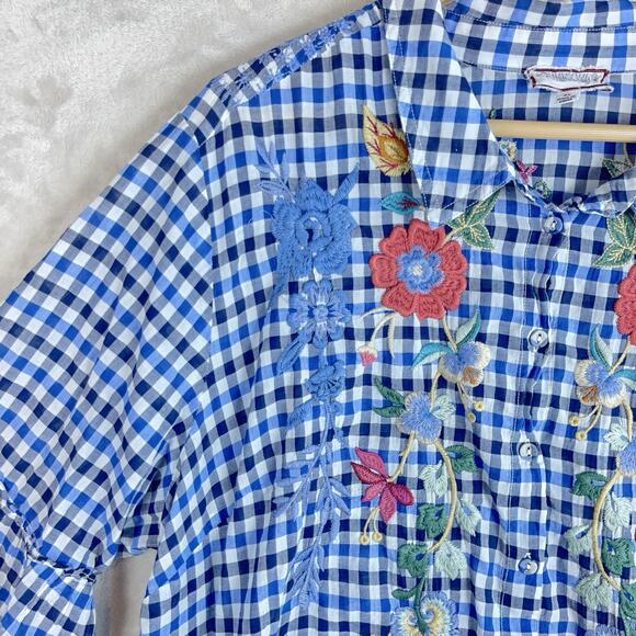 Johnny Was Workshop Taryn Runic 3X Gingham Embroidered Ruffle Cottagecore *FLAW* - Picture 3 of 13